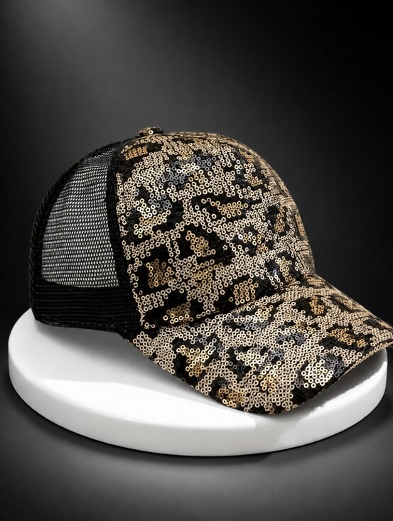 Accessories - Leopard Design Sequined Adjustable Baseball / Trucker Hat